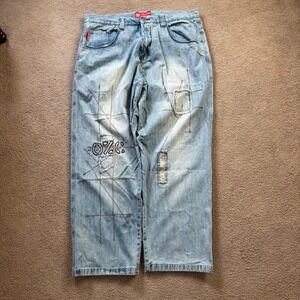 Vintage OZOC Jeans Mens Mens 42x33 Blue Baggy Wide Leg Skater Y2K Embroidered